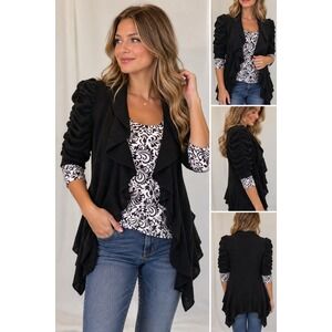 Take Out Black Open Front Ruffled Cardigan Ruched Sleeve Cover Up XL
